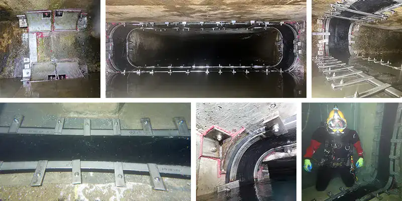 Several images of a HydraTite installation in a box-shaped culvert, some of which are underwater