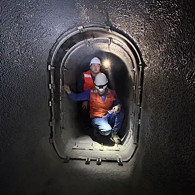 Two technicians inspecting an irregularly-shaped pipe seal