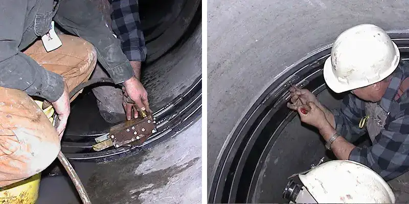 A HydraTite seals being installed with three retaining bands over a joint in an air supply line pipe