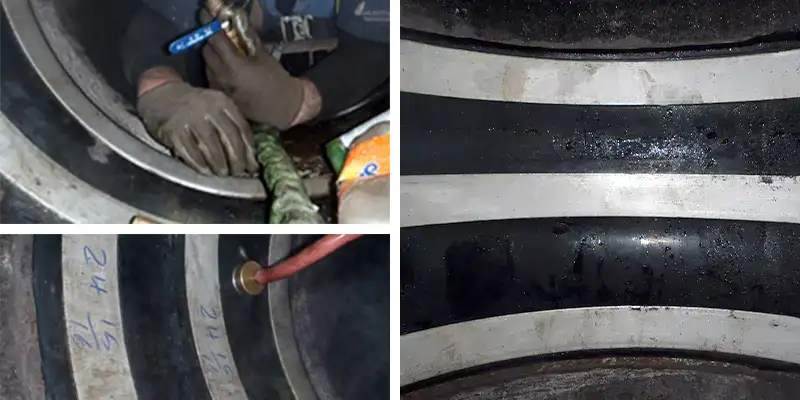 HydraTite being installed with three retaining bands in a small-diameter pipe