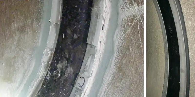 Images of a HydraTite seal installed over a joint in a pipe with concrete rounding out the lip of the seal