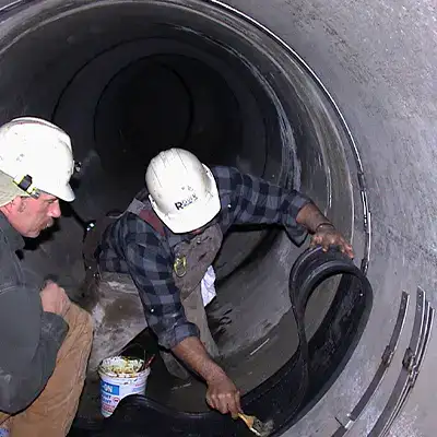 Technicians positioning a HydraTite rubber seal over a joint in an air supply pipe.