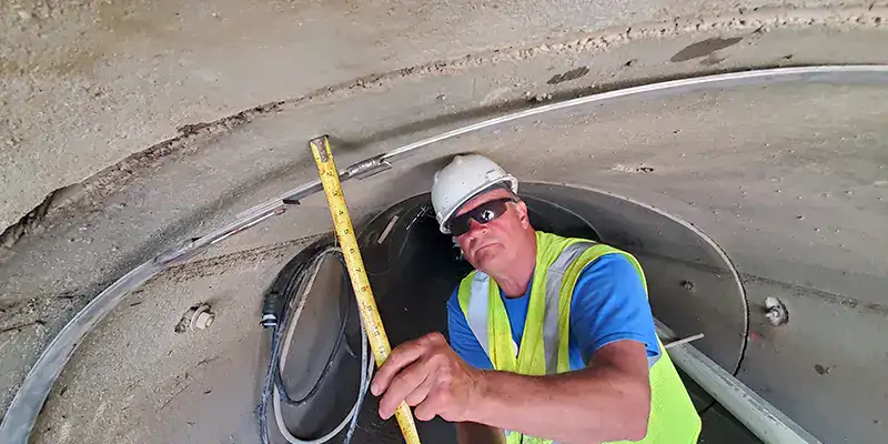 A technician measuring an elliptical pipe