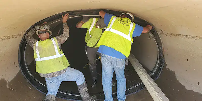 Three technicians positioning a rubber seal over a joint in an elliptical pipe