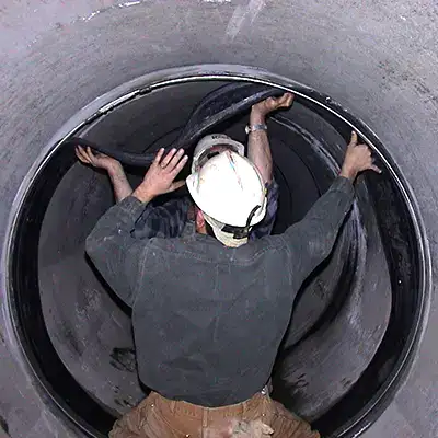 Technicians positioning a HydraTite rubber seal over a joint in an air supply pipe.
