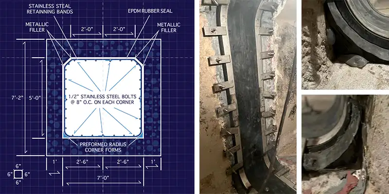 A group of images of A box-shaped flume sealed with HydraTite