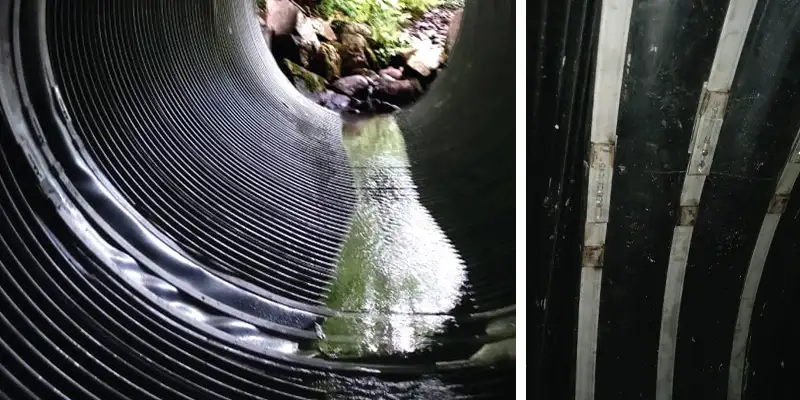 Two images of HydraTite installed in a corrugated metal pipe