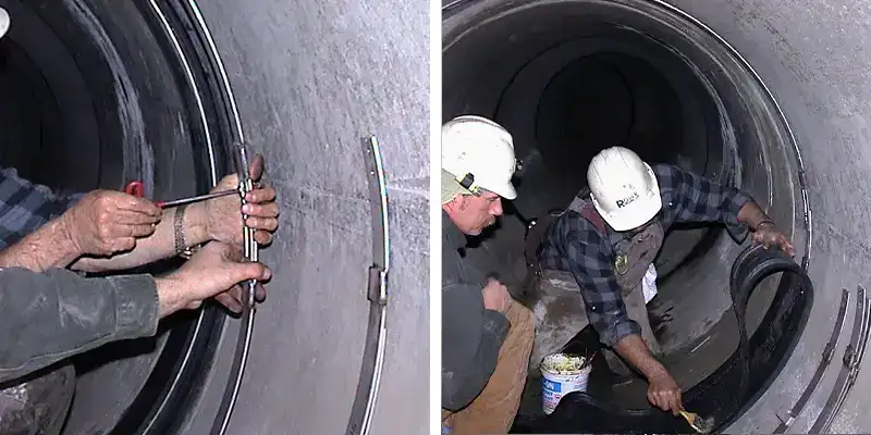 Technicians positioning a HydraTite materials over a joint in an air supply pipe.