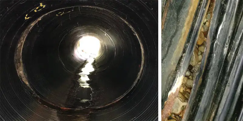 Two images of a separated joint in a corrugated metal pipe