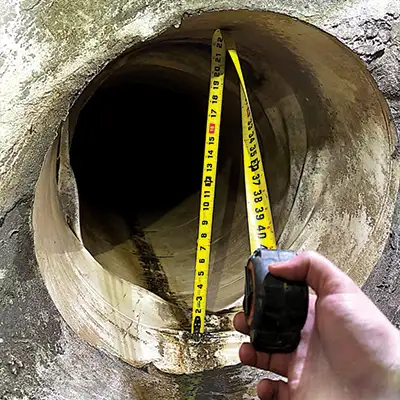 A technician measuring a pipe with a liner that has become disconnected from the interior wall