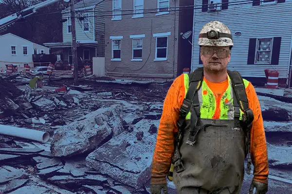 A technician standing in front of a road destroyed by a sinkhole