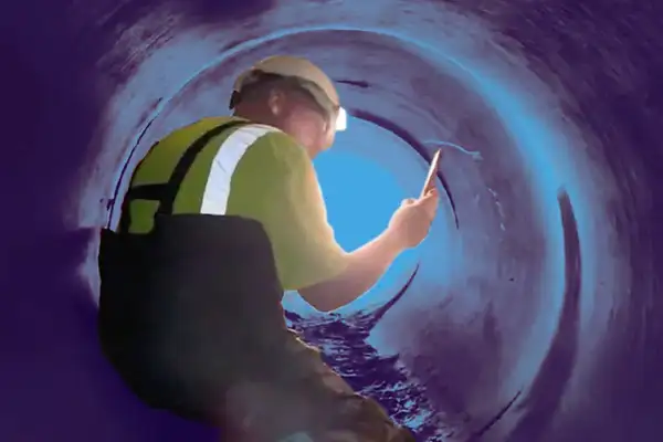 A technician inspecting a pipe from the inside