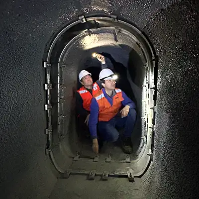 Two technicians inspecting a joint sealed inside an irregular pipe
