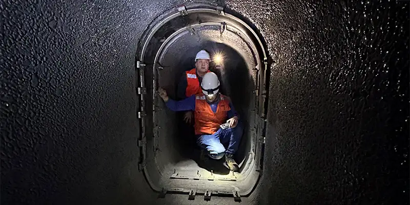 Two technicians inspecting a joint sealed inside an irregular pipe