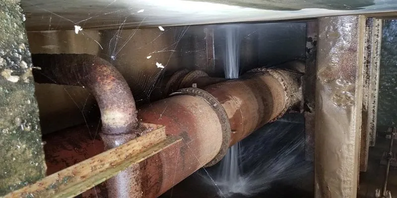 An active leak in an expansion joint