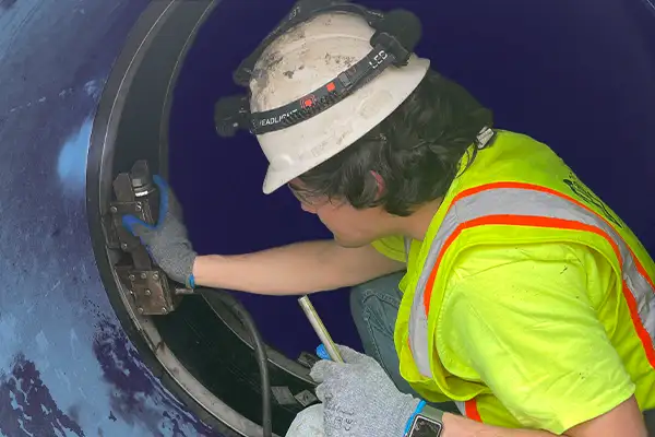 A technician using an expander to lock a retaining band in place to install HydraTite over a joint in a pipe
