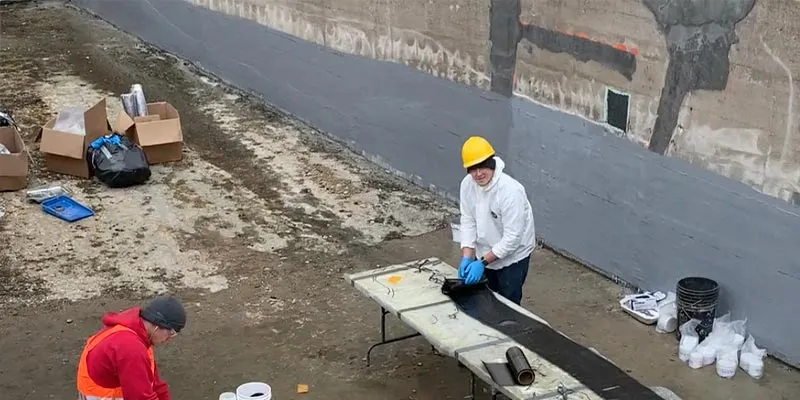 Two technicians working inside a hydraulic jump, strengthening the walls with a epoxy and fiber fabric composite repair system