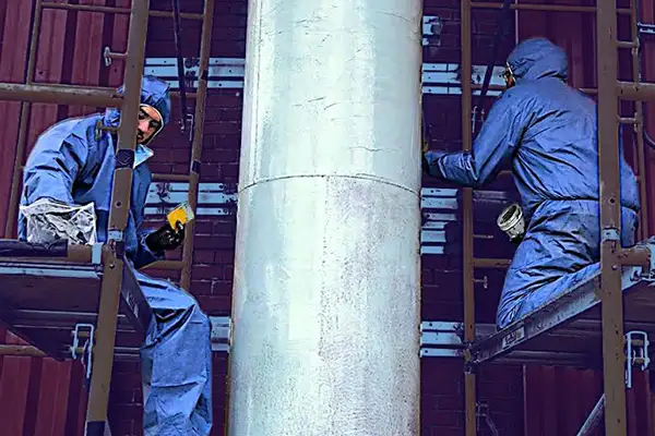 Two technician applying epoxy to the exterior of a vertical digester mixing pipe