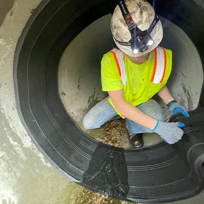 A technician inside a pipe positioning rubber over the joint and working out the bumps to ensure it is laying smoothly
